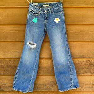 Levi's Noughtie's Bootcut Flower Hear Patches Blue Mid Rise Jeans Size 25